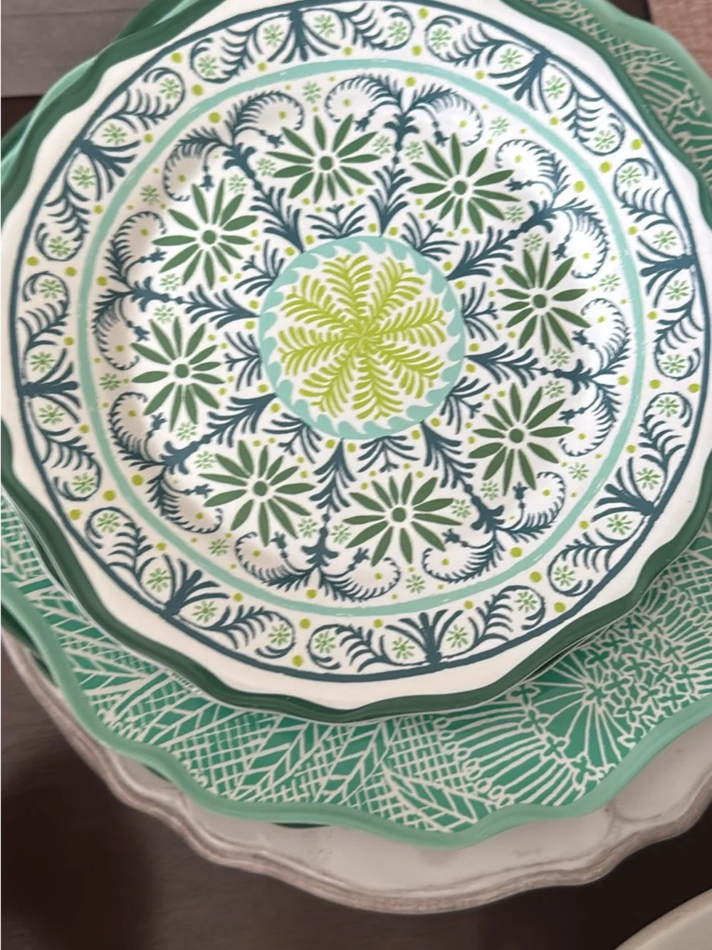 Mixed melamine opal house Plates in Green, Pink, Blue, and White & 2 ceramic